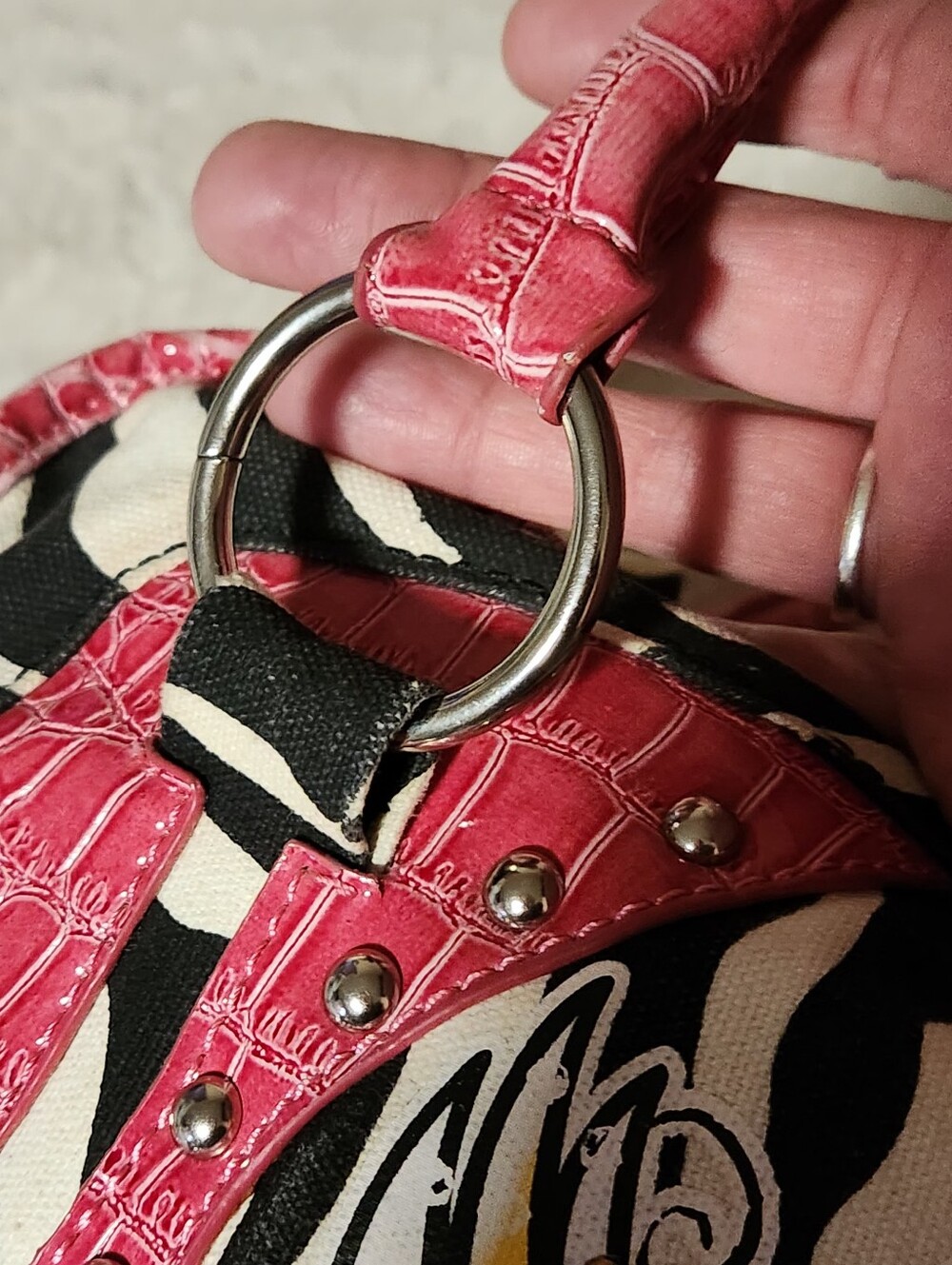Y2K Zebra Print Satchel Bag Tattoo Heart Crown Pink Croc Trim Rhinestone Studded - Picture 5 of 12